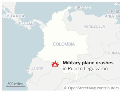 [서울=AP/뉴시스]콜롬비아 남서부의 페루·에콰도르 접경 지역인 푸에르토 레귀자모 지역에서 23일(현지 시간) 허큘리스 C-130 수송기 1대가 이륙 직후 추락했다. 탑승자 총 125명 가운데 최소 48명이 구조됐다. 사진은 사고 위치. 2026.03.24.