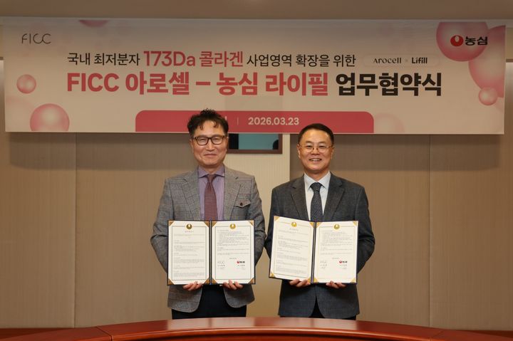 [서울=뉴시스] 농심 '라이필'과 FICC '아로셀' 기술협력 협약식 사진.(사진=농심) *재판매 및 DB 금지