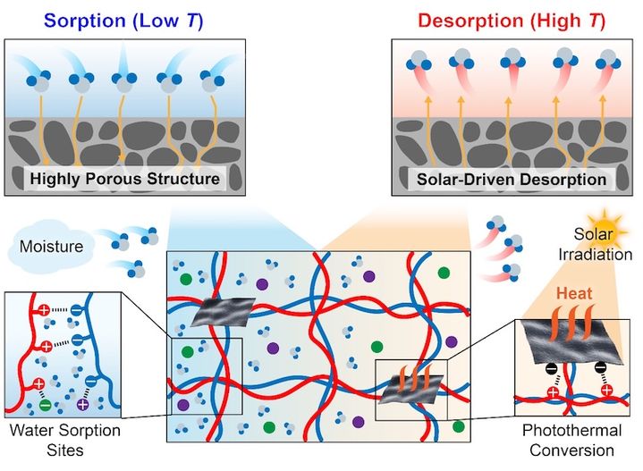 [서울=뉴시스] 다공성 고분자전해질 복합체 기반 흡착제의 태양광 구동 '대기 중 물 수확' 모식도. (사진=한양대 에리카 제공) 2026.03.24. photo@newsis.com *재판매 및 DB 금지
