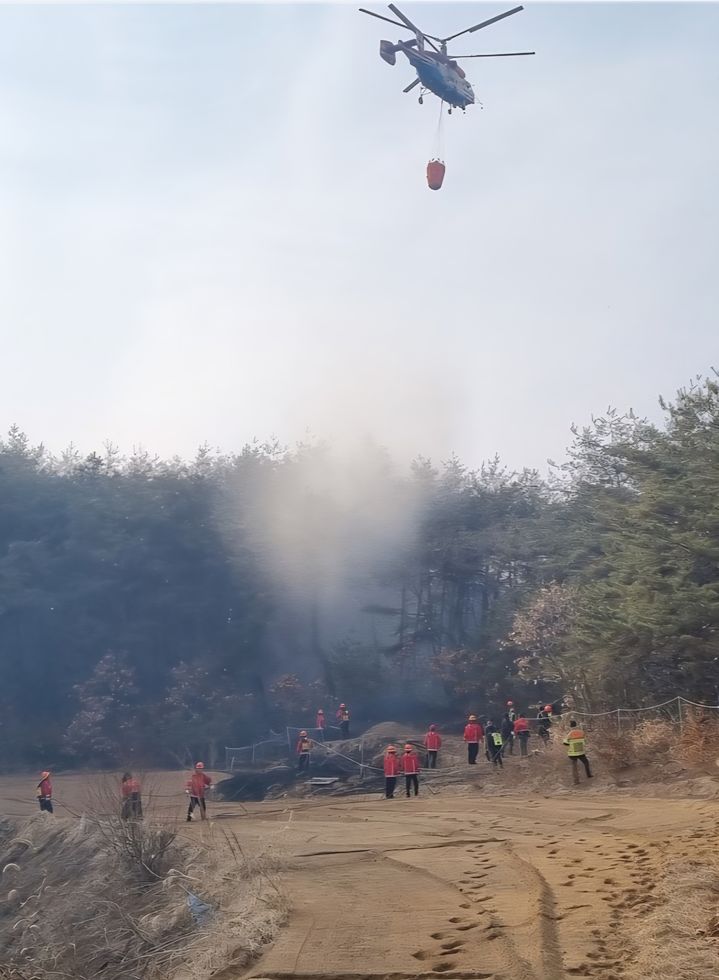 [안동=뉴시스] 안동시 도산면 의일리 야산에서 발생한 산불을 진화하고 있다. (사진=경북소방본부 제공) 2026.03.26. photo@newsis.com *재판매 및 DB 금지