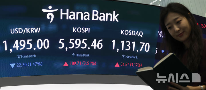 [서울=뉴시스] 김혜진 기자 = 코스피가 전 거래일(5405.75)보다 232.45포인트(4.30%) 상승한 5638.20에 개장한 24일 오전 서울 중구 하나은행 딜링룸 전광판에 지수가 표시 되고 있다. 2026.03.24. jini@newsis.com