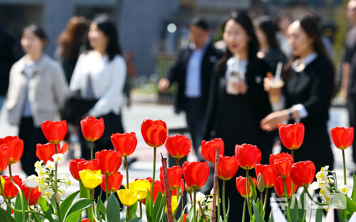 [서울=뉴시스] 최진석 기자 = 지난 24일 서울 중구 서울광장 인근에서 시민들이 봄기운을 만끽하며 발걸음을 재촉하고 있다. 2026.03.24. myjs@newsis.com