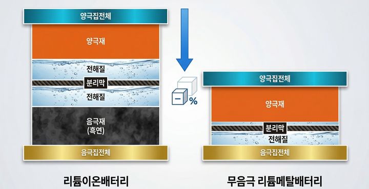 [서울=뉴시스] 포스코퓨처엠과 금호석유화학, 비이에이(BEI)가 함께 고성능 차세대 배터리 개발을 위한 공동 연구개발에 나선다. 사진은 기존 리튬이온배터리와 무음극 리튬메탈 배터리 비교. (사진=포스코퓨처엠 제공) photo@newsis.com *재판매 및 DB 금지