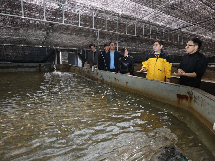 [부산=뉴시스] 지난 24일 경북 포항에서 권순욱(오른쪽 두번째) 국립수산과학원장이 강도다리 양식산업 육성을 위해 현장을 둘러보고 있다. (사진=국립수산과학원 제공) 2026.03.25. photo@newsis.com *재판매 및 DB 금지