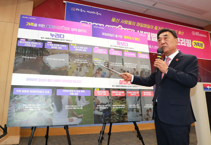 [울산=뉴시스] 김두겸 울산시장이 25일 시청 프레스센터에서 가족 분야 맞춤형 정책을 묶은 세대별 복지 정책을 발표하고 있다. (사진= 울산시 제공) 2026.03.25.photo@newsis.com *재판매 및 DB 금지