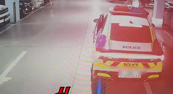 [서울=뉴시스] 충남의 한 건물 지하 주차장에서 절도 행각을 벌이던 남성이 경찰과 시민의 추격 끝에 체포됐다. 미리 퇴보를 차단한 경찰은 몸을 날리는 '블로킹'으로 범인을 제압했다. (영상=경찰청 공식 유튜브 채널 캡처) *재판매 및 DB 금지