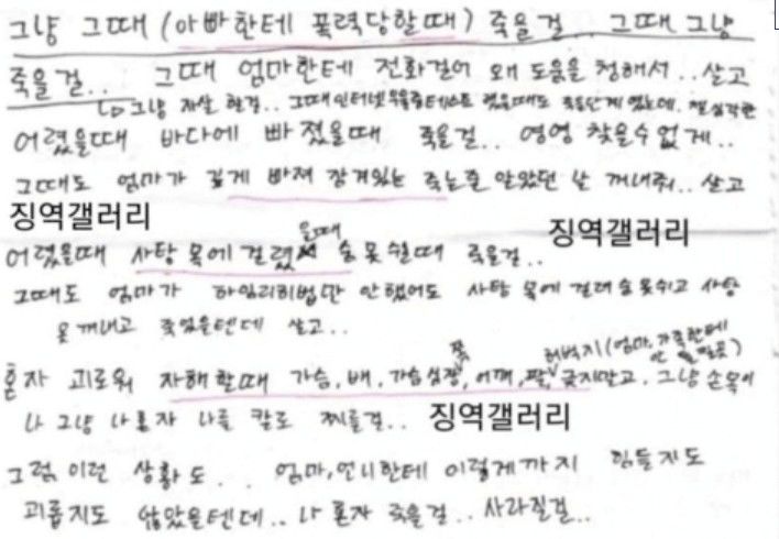 [서울=뉴시스]강북구 모텔 연쇄 살인 피의자 김소영의 옥중 편지로 추정되는 편지 일부. (사진출처: 디시인사이드 캡처) 2026.03.25.