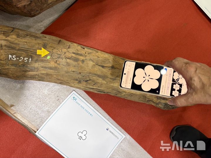 [목포=뉴시스] 한이재 기자 = 25일 후지타 아키요시 덴리대학 국제학부 교수가 자단목에 새겨진 문양이 일본에서 자주 쓰이던 문양이라며 휴대전화를 보여주고 있다. 2026.03.25. nowone@newsis.com