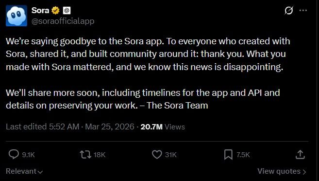 [서울=뉴시스] 오픈AI는 인공지능(AI) 기반 동영상 생성 도구 '소라' 앱 서비스를 24일(현지 시간) 종료한다고 전했다. 2026.03.25. (사진=오픈AI 소라 팀 엑스 캡처) *재판매 및 DB 금지