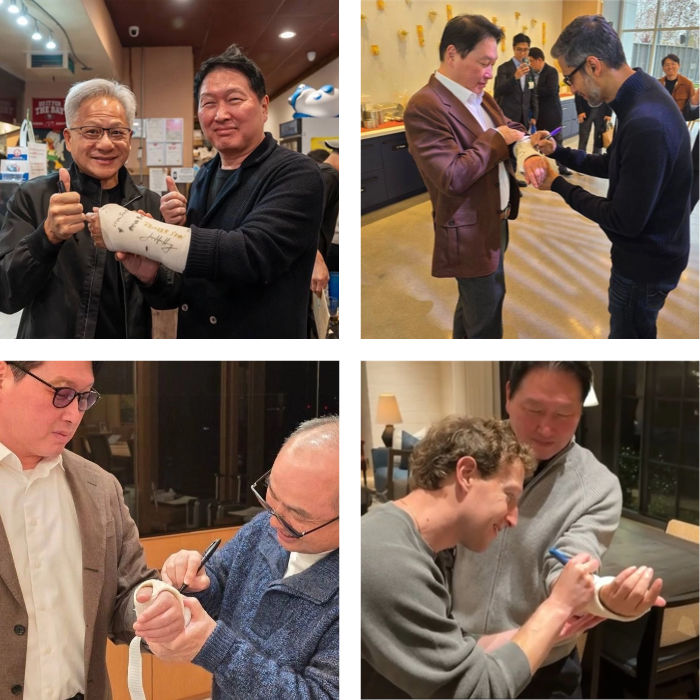 [서울=뉴시스] 최태원 SK그룹 회장이 지난 25일 자신의 소셜미디어를 통해 자신의 깁스에 빅테크 수장들이 사인하는 모습을 공개했다. 사진 위쪽 왼쪽부터 젠슨 황 엔비디아 최고경영자(CEO), 순다르 피차이 구글 CEO, 마크 저커버그 메타 CEO, 손정의 소프트뱅크그룹 회장이 최 회장 깁스에 사인하는 모습. (사진=최태원 회장 SNs 갈무리) 2026.03.26 photo@newsis.com *재판매 및 DB 금지