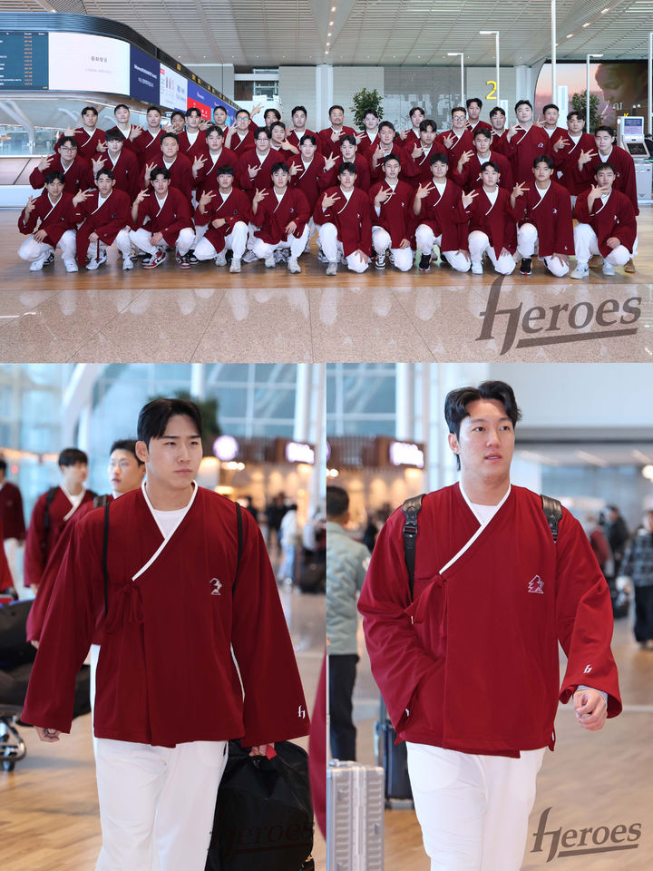 [서울=뉴시스] 무신사가 디자인한 스프링캠프 단복을 입고 대만으로 출국하는 키움히어로즈 선수단(위), 이주형 선수(왼쪽), 안우진 선수(오른쪽) (사진=키움히어로즈 제공) 2026.03.27. photo@newsis.com *재판매 및 DB 금지