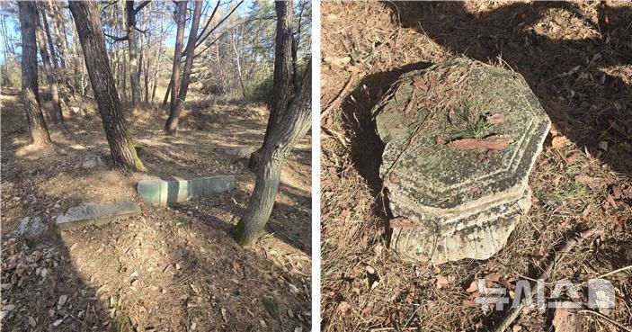 [창녕=뉴시스]경남 창녕군 창녕읍 옥천리 '창녕 옥천사지' 석탑 기단(왼쪽)과 폐석등재.(사진=경남도 제공) 2026.03.27. photo@newsis.com