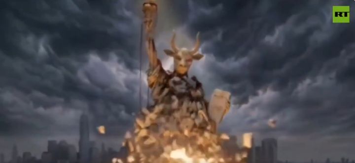 [서울=뉴시스] 이란 측이 제작해 배포한 인공지능(AI) 영상 중 '바알'의 형상으로 변한 자유의 여신상이 미사일에 맞아 파괴되는 장면. (사진=RT X 계정 캡처) 2026.03.27. 