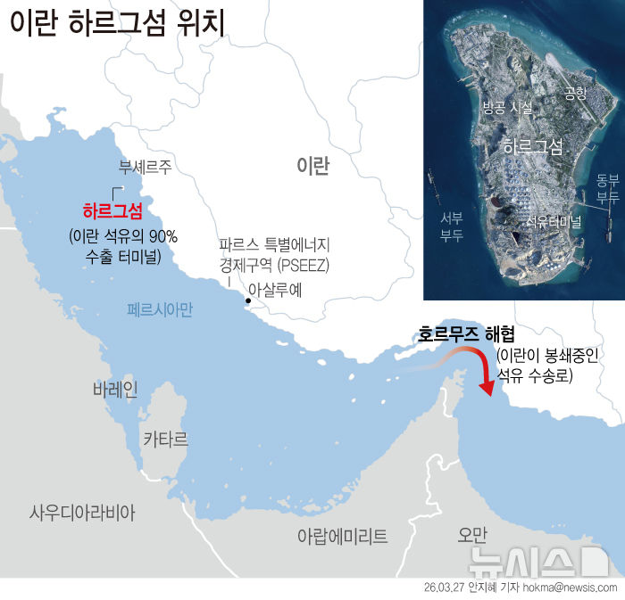 [서울=뉴시스] 월스트리트저널(WSJ)은 26일(현지 시간) 도널드 트럼프 미국 행정부가 이란 인근에 지상군 최대 1만명을 추가 파병하는 방안을 검토하고 있다고 보도했다. 이란 핵심 원유 수출 거점인 하르그섬을 타격할 수 있는 곳에 배치될 가능성이 큰 것으로 알려졌다.이란의 호르무즈 해협 사실상 봉쇄를 풀어낼 방법이 마땅치 않은 상황에서, 하르그섬을 확보함으로써 해협 개방 협상력을 끌어올린다는 구상이다. (그래픽=안지혜 기자) hokma@newsis.com 