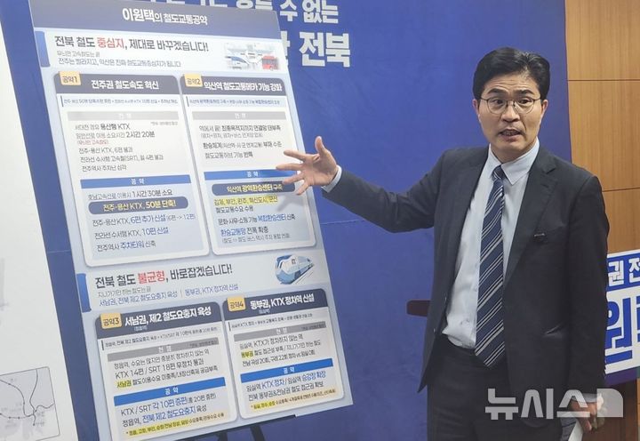 [전주=뉴시스]김민수 기자= 이원택 의원이 27일 전북도의회에서 고속철도 추진에 대한 설명을 하고 있다. 2026.03.27 *재판매 및 DB 금지