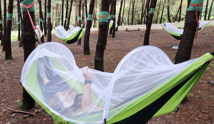 [정선=뉴시스] 마음채움센터 ‘2026 체류형 치유캠프’ 참가자들이 해먹에서 휴식을 취하며 몸과 마음을 다스리고 있다. (사진=강원랜드 제공) 2026.03.27 photo@newsis.com *재판매 및 DB 금지