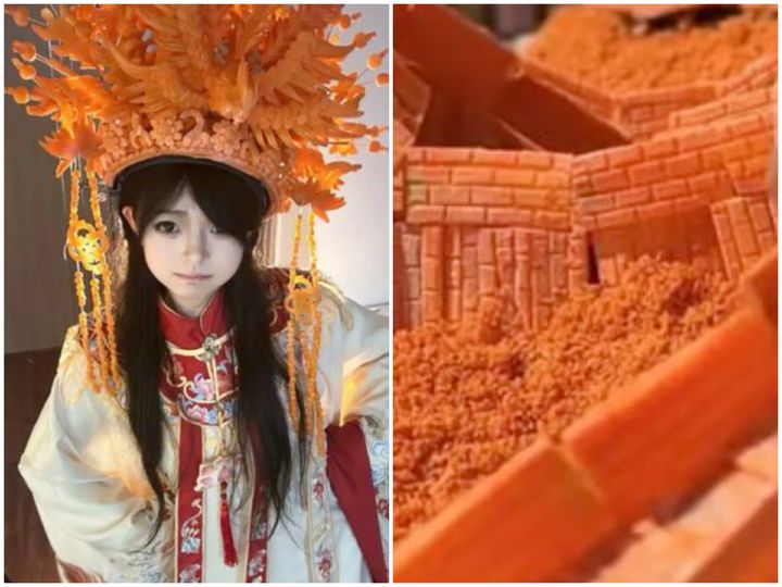 [서울=뉴시스] 중국 20대 여성 첸 친씨는 별다른 도구 없이 오직 자신의 치아만을 이용해 정교한 '당근 조각품'을 만들어 화제를 모으고 있다. (사진=웨이보 캡처) *재판매 및 DB 금지