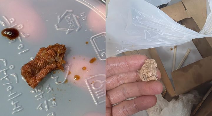 [서울=뉴시스] 지난 22일 단체 주문을 받았던 한 자영업자는 '이물질'이 발견됐다는 이유로 환불 요청을 받아 큰 손해를 입었다고 밝혔다. 확인 차 음식을 회수한 결과, 해당 이물질은 매장에서 사용하지 않는 의료용 밴드였고 동일한 물건이 고객의 쓰레기 봉투에서 발견됐다. 사진은 쓰레기 봉투에서 발견된 의료용 밴드. (사진=보배드림 캡처)