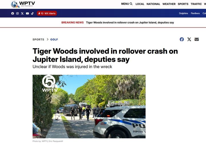 [워싱턴=뉴시스]지난해 수술을 받고 재활에 집중하던 '골프 황제' 타이거 우즈가 27일(현지 시간) 차량 전복 사고에 연루됐다고 현지 언론이 보도했다. 미국 플로리다주 웨스트팜비치 지역 방송국인 WPTV는 이날 오후 2시께 우즈가 주피터섬 도로에서 전복 사고를 당했다고 사진과 함께 보도했다. (사진=WPTV 홈페이지 캡쳐). 2026.03.28. *재판매 및 DB 금지