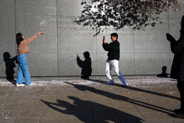 [워싱턴=AP/뉴시스] 28일(현지 시간) 벚꽃이 만개한 미국 워싱턴에서 한 여성이 벚꽃잎을 던지며 기념촬영 하고 있다. 2026.03.30.