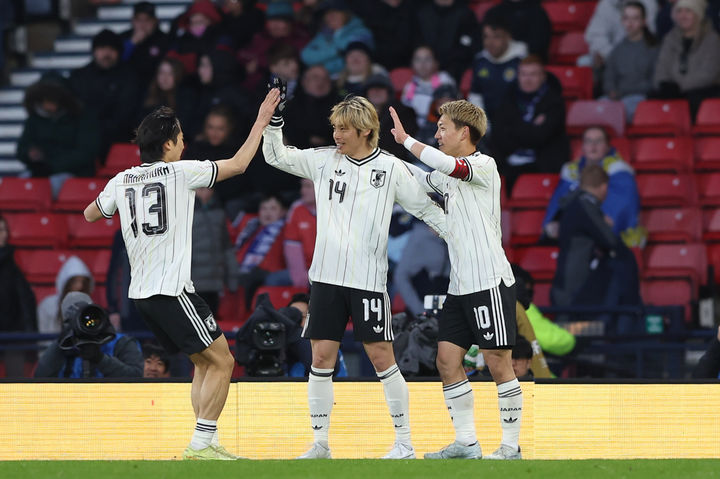 [글래스고=AP/뉴시스] 일본 축구 국가대표 공격수 이토 준야(가운데). 2026.03.28.