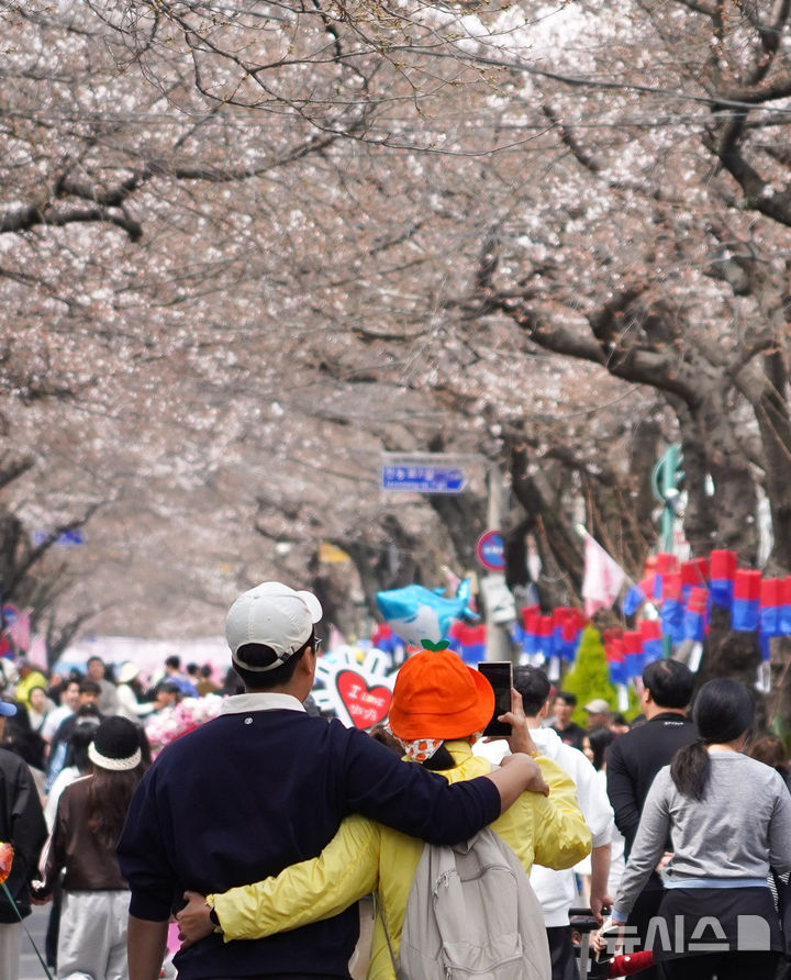[제주=뉴시스] 우장호 기자 = 흐린 날씨를 보인 29일 오전 제주시 삼도1동 거리에 제19회 전농로 왕벚꽃 축제를 즐기려는 시민과 관광객들의 발걸음이 이어지고 있다. 2026.03.29. woo1223@newsis.com