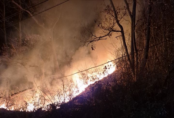 [홍성=뉴시스] 지난 29일 오후 10시55분께 충남 홍성군 장곡면 산성리 일원에서 방화 추정 산불이 나 불길이 번지고 있다. (사진=산림청 제공) 2026.03.30. photo@newsis.com *재판매 및 DB 금지