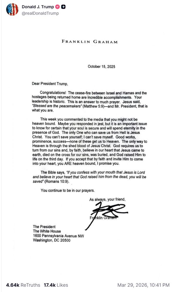 [서울=뉴시스]29일(현지 시간) 도널드 트럼프 미국 대통령이 친트럼프 성향 목사의 편지를 소셜미디어 트루스 소셜에 올렸다. 사진은 트럼프 대통령 트루스 소셜 갈무리. <사진캡처=트류스소셜> 2026.03.30. *DB 및 재판매 금지. 