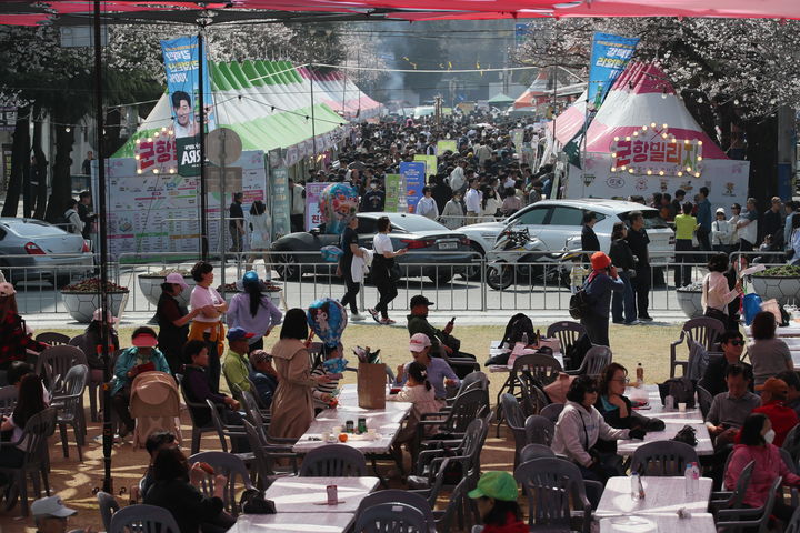 진해군항제, 벚꽃 만개 속 '역대급 인파'…곳곳 북적