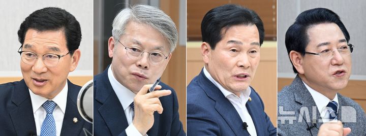 [광주=뉴시스] 더불어민주당 전남광주통합특별시장 경선 후보들. 왼쪽부터 기호 1번 신정훈, 기호2번 민형배, 기호3번 주철현, 기호 5번 김영록 후보. (사진 = 뉴시스 DB) 2026.03.30. photo@newsis.com