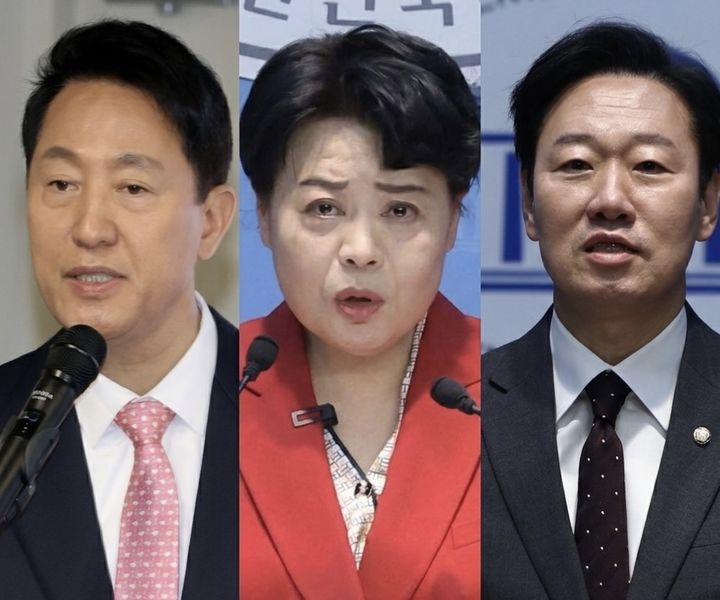 [서울=뉴시스] 조성우 조성봉 김명년 기자= 국민의힘 6·3 지방선거 서울시장 예비후보인 오세훈 현 시장, 윤희숙 전 의원, 박수민 의원. 2026.3.30. *재판매 및 DB 금지