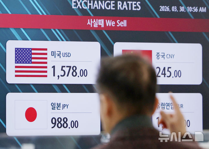 [인천공항=뉴시스] 김진아 기자 = 이란 전쟁을 둘러싼 확전 우려가 커지며 원·달러 환율이 1500원대 후반을 등락하고 있는 30일 인천국제공항 환전소에 원·달러 등 각국 환율이 표시되어 있다. 2026.03.30. bluesoda@newsis.com