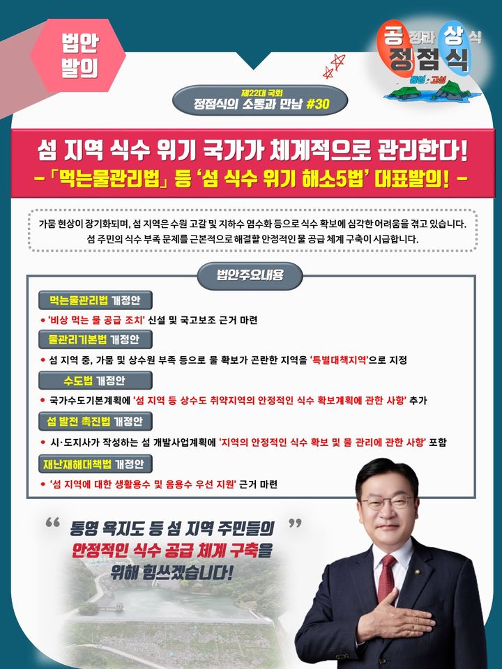 [통영=뉴시스] 신정철 기자= 국민의힘 정점식 의원(경남 통영시·고성군)은 31일, 통영 욕지도 등 섬 지역의 가뭄으로 인한 식수 부족 문제를 근본적으로 해결하고, 안정적인 물 공급 체계를 구축하기 위한 '섬 식수 위기 해소 5법(먹는물관리법·물관리기본법·수도법·섬 발전 촉진법·자연재해대책법 일부개정법률안)'을 대표발의 했다.사진은 섬 식수 위기 해소 5법 개정안 안내 포스터.(사진=정점식의원실 제공).2026.03.31. photo@newsis.com *재판매 및 DB 금지