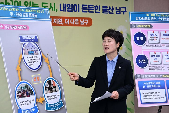 [울산=뉴시스] 울산 남구청 장은령 행정경제국장이 31일 남구청 프레스센터에서 정례브리핑을 열고 맞춤형 일자리 사업 추진 성과를 발표하고 있다. (사진=울산 남구 제공) 2026.03.31. photo@newsis.com *재판매 및 DB 금지