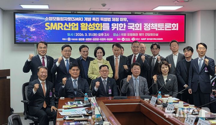 [서울=뉴시스]31일 오후 국회 의원회관 제11 간담회의실에서 열린 '소형모듈원자로(SMR) 산업 활성화를 위한 국회 정책토론회'에 참석한 창원 지역구 국회의원, 경남도 등 주최·주관 관계자들이 기념촬영하고 있다.(사진=경남도 제공) 2026.03.31. photo@newsis.com