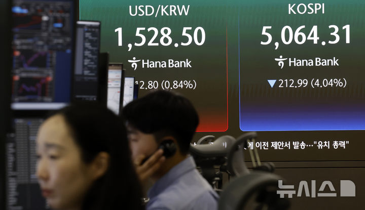 [서울=뉴시스] 김혜진 기자 = 원·달러 환율이 전 거래일 주간거래 종가(1515.7원)보다 4.2원 오른 1519.9원에 개장한 31일 오전 서울 중구 하나은행 딜링룸 전광판에 지수가 표시 되고 있다. 코스피는 전 거래일(5277.30)보다 133.55포인트(2.53%) 하락한 5143.75에 출발했다. 코스닥 지수는 전 거래일(1107.05)보다 7.97포인트(0.72%) 내린 1099.08에 거래를 시작했다. 2026.03.31. jini@newsis.com