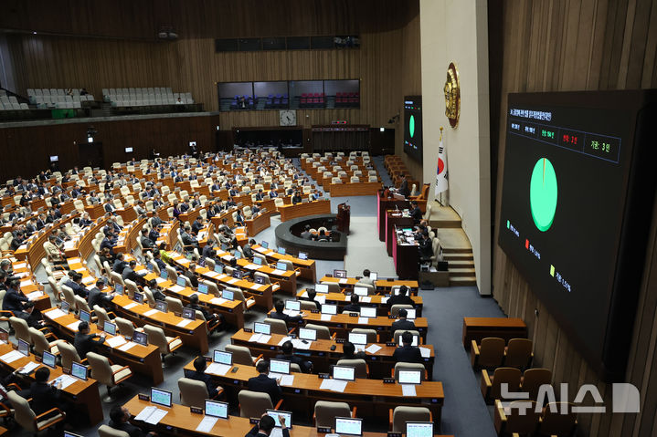 [서울=뉴시스] 김명년 기자 = 31일 서울 여의도 국회에서 열린 본회의에서 공휴일에 관한 법률 일부개정법률안(대안)이 통과되고 있다. 2026.03.31. kmn@newsis.com