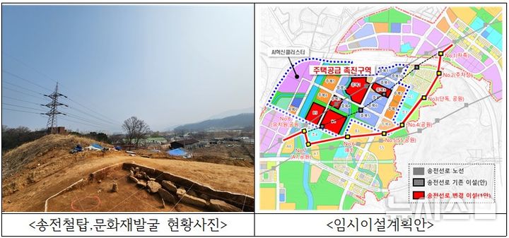 [의정부=뉴시스] 하남교산지구 송전철탑, 문화재발굴 현황사진(왼쪽), 임시 이설 계획안(오른쪽). (사진=LH 경기북부본부 제공) 2026.04.01 photo@newsis.com
