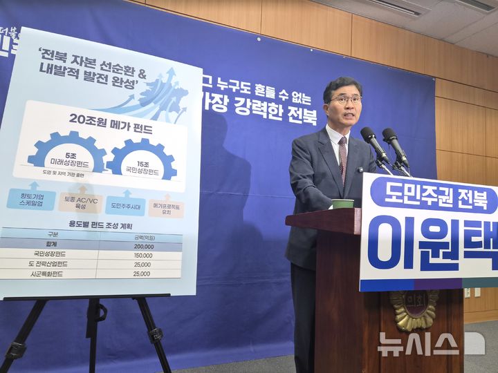 [전주=뉴시스] 김민수 기자= 더불어민주당 전북도지사 경선 후보인 이원택 국회의원이 1일 전북도의회에서 '20조 메가펀드 공약'을 발표하고 있다. 2026.04.01 leo@newsis.com *재판매 및 DB 금지