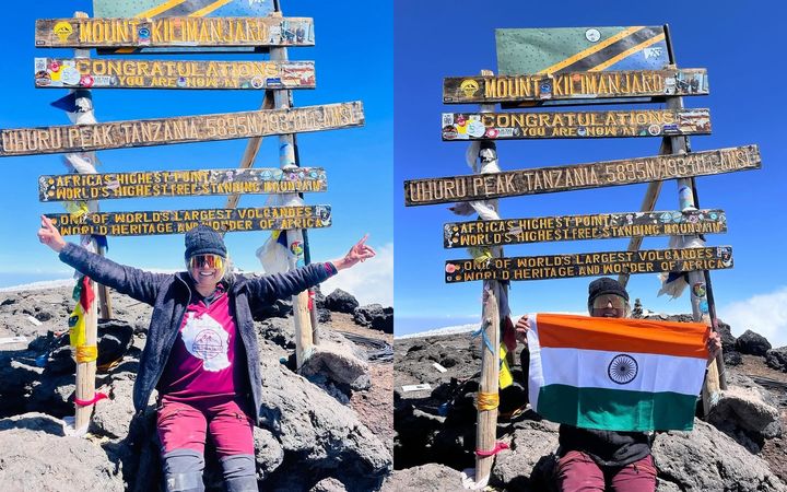 [서울=뉴시스] 딸 아칸샤하자리가 올린 안잘리 하자리(70)의 2024년 킬리만자로 등반 인증 사진. (사진=아칸샤하자리 인스타그램 캡처) *재판매 및 DB 금지