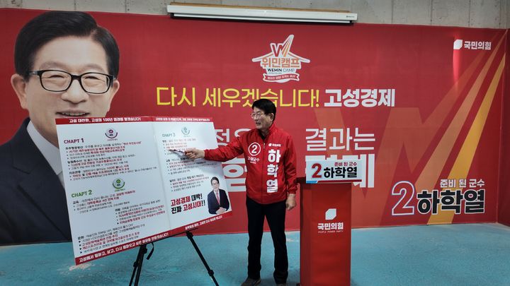 [고성(경남)=뉴시스] 신정철 기자= 국민의힘 하학열 고성군수 예비후보는 1일, 고성의 지도를 바꿀 혁신 비전인 ‘코어 고성 비전 333’과 14개 읍면별 세부 공약을 전격 공개했다.사진은 하학열 고성군수 예비후보의 공약 발표 모습.(사진=하학열후보사무소 제공).2026.04.01. photo@newsis.com *재판매 및 DB 금지