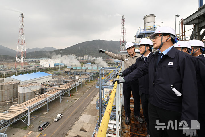 [여수=뉴시스] 이영주 기자 = 더불어민주당 원내대표단이 1일 오후 전남 여수시 여수국가산단 여천NCC 내 50m 높이 크래킹 히터에 올라 주변을 둘러보고 있다. 크래킹 히터는 나프타에 열을 가해 에틸렌으로 가공하는 설비다. 2026.04.01. leeyj2578@newsis.com
