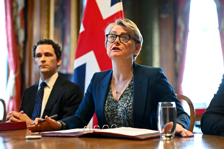 Britain's Foreign Secretary Yvette Cooper speaks during a virtual summit at the Foreign & Commonwealth Office in London, on Thursday April 2, 2026, with around 35 countries to discuss ways of reopening the Strait of Hormuz. (Leon Neal/Pool Photo via AP)