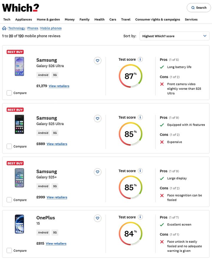 [서울=뉴시스]삼성전자의 '갤럭시 S26 울트라'가 유럽 주요 7개국 소비자연맹지 스마트폰 평가에서 1위를 차지했다.영국의 소비자연맹지 '위치'는 스마트폰 랭킹에 '갤럭시 S26 울트라'를 총점 87점의 1위로 발표했다. (사진= 삼성전자 제공 *재판매 및 DB 금지