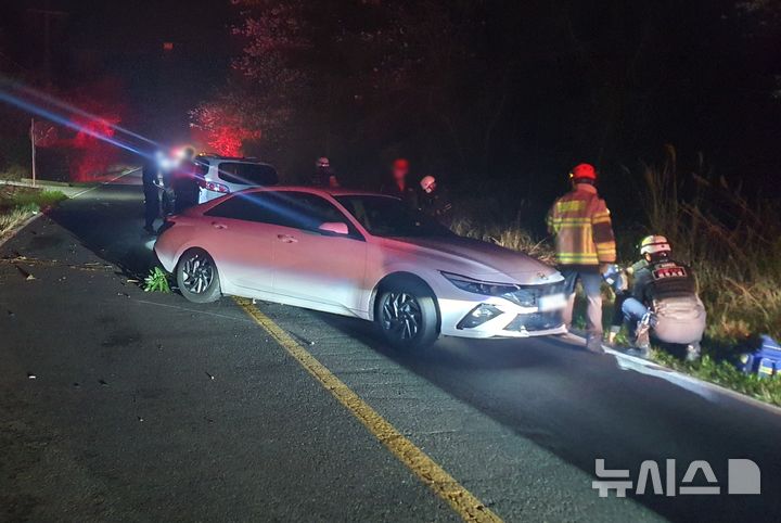 [제주=뉴시스] 1일 오후 제주시 한림읍 소재 도로에서 차량과 SUV 충돌 사고가 발생해 경창과 소방당국이 수습에 나서고 있다. (사진=제주소방안전본부 제공) 2026.04.02. photo@newsis.com