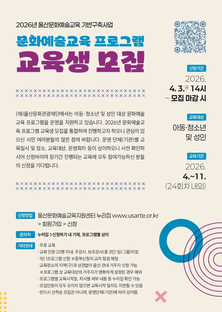 울산문화관광재단, 문화예술교육 프로그램 교육생 모집