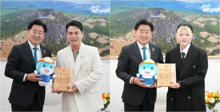 [제주=뉴시스] 오영훈 제주지사가 2일 오후 도청 집무실에서 천록담·이예지에게 제107회 전국체육대회 및 제46회 전국장애인체육대회 홍보대사 위촉장을 수여하고 있다. (사진=제주도 제공) 2026.04.02. photo@newsis.com *재판매 및 DB 금지