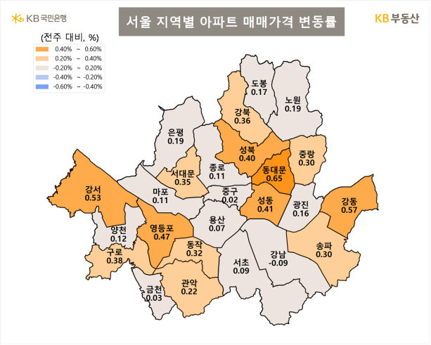 [서울=뉴시스] 서울 지역별 아파트 매매가격 변동률. 2026.04.02. (사진=KB부동산 제공) photo@newsis.com *재판매 및 DB 금지