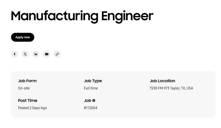 [서울=뉴시스]삼성전자 공식 채용 사이트 내 테일러 공장 제조 엔지니어 모집 공고. (사진=삼성전자 채용 사이트 캡처) 2026.04.02. photo@newsis.com *재판매 및 DB 금지