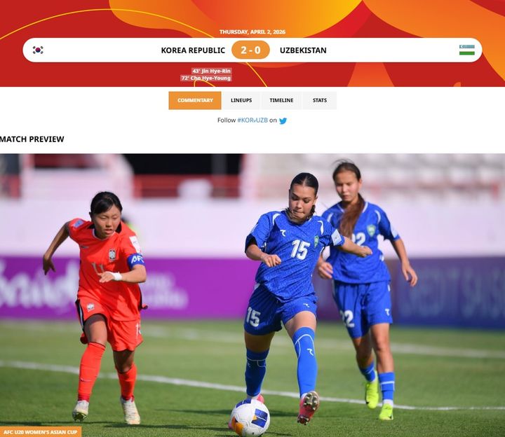 [서울=뉴시스] 한국 여자 20세 이하(U-20) 축구대표팀, 우즈베키스탄과의 2026 아시아축구연맹(AFC) U-20 여자 아시안컵 조별리그 B조 1차전에서 2-0 승리. (사진=AFC 홈페이지 캡처) *재판매 및 DB 금지